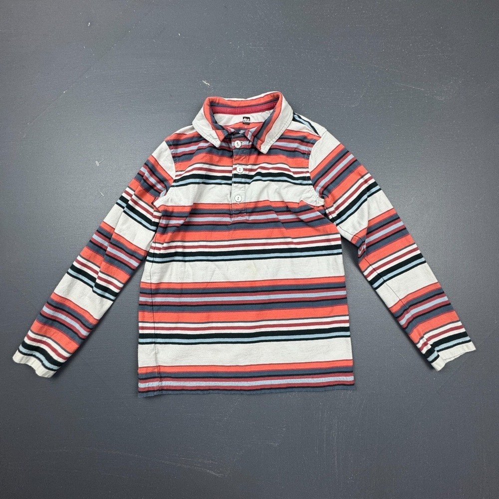Tea Collection Boys 8 Orange White Striped Long Sleeve Polo Shirt Casual Top